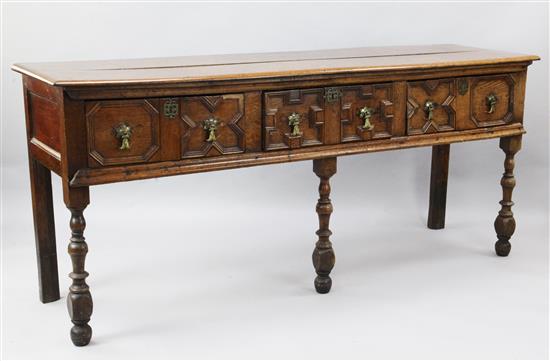 An early 18th century oak dresser base, W.6ft 3in. D.1ft 10in. H.2ft 9in.